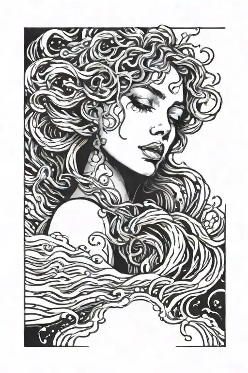 a goddess with one tear rolling down her face floating above a water surface that is ondulating from another tear tattoo design idea