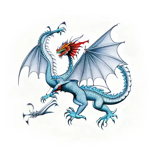 mythological dragon flying calmly but with a look that warns of danger as if he was protecting something tattoo design idea