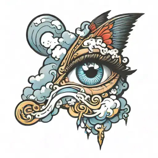 an eye drop with tears wing and clouds tattoo design idea