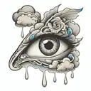 an eye drop with tears wing and clouds tattoo design idea