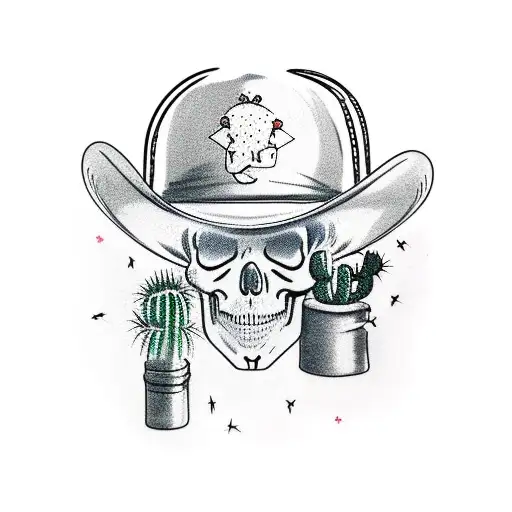blind-folded skull wearing cowboy hat smoking a cigarette with cactuses in background  tattoo design idea