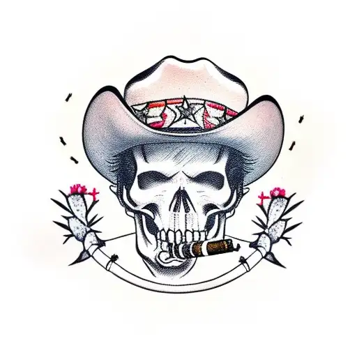 blind folded skull wearing cowboy hat smoking a cigarette with cactuses in background  tattoo design idea