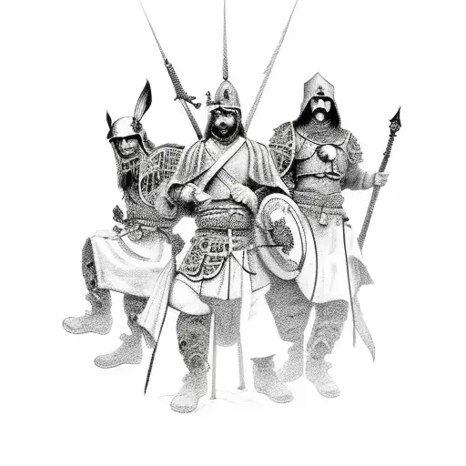 full sleeve of three warriors on a mountain peak fighting off demons that are crawling on the mountain, above t tattoo design idea