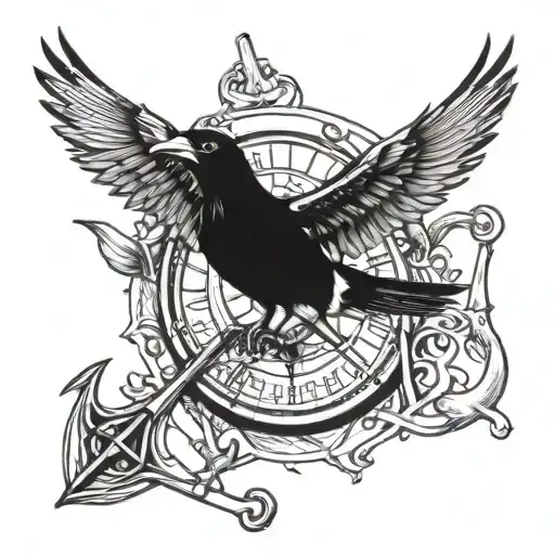 Compas, freedom, bird, black and white, traditional style, lines, anchor tattoo design idea