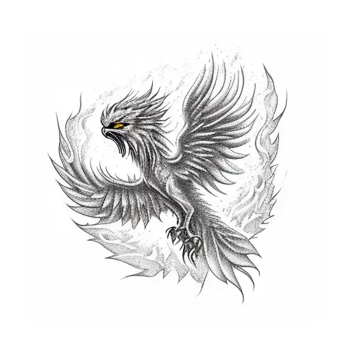 phoenix with 3 long tails, taking flight, with flames coming out of its body and its tails, and in an aggressive positio tattoo design idea