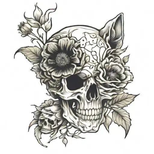 poppy flowers, skull, cat sitting tattoo design idea