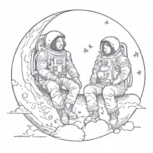 two people sitting on the moon and leaning on each other  tattoo design idea