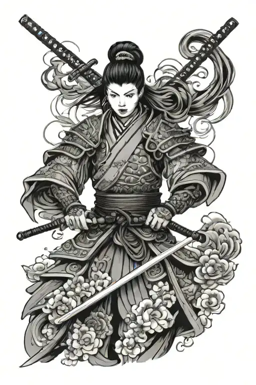 Black and grey Female Samurai warrior tattoo design idea