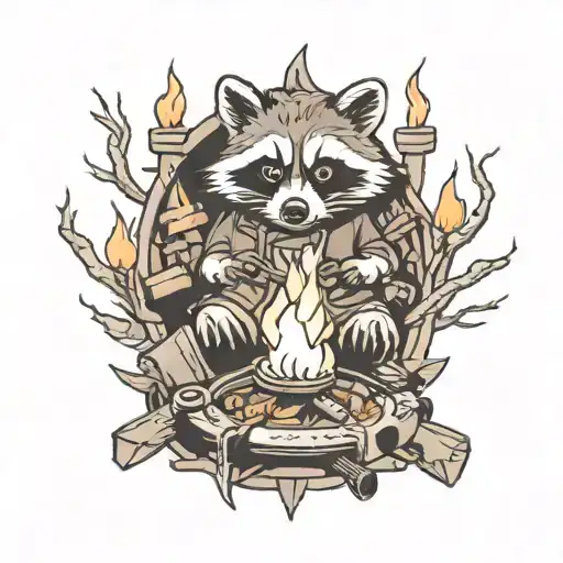raccoon camping fire tattoo design idea