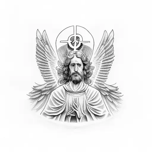 saint peter and female guardian angel stairway to heaven tattoo design idea