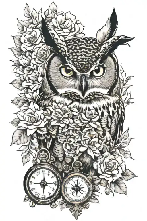 great horned owl and flowers and compass tattoo design idea