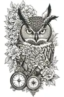 great horned owl and flowers and compass tattoo design idea