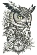 great horned owl and flowers and compass tattoo design idea