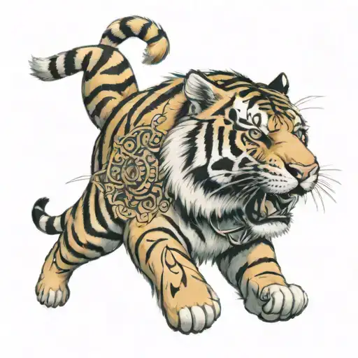Tiger holding teddy bear in its mouth walking towards tattoo design idea