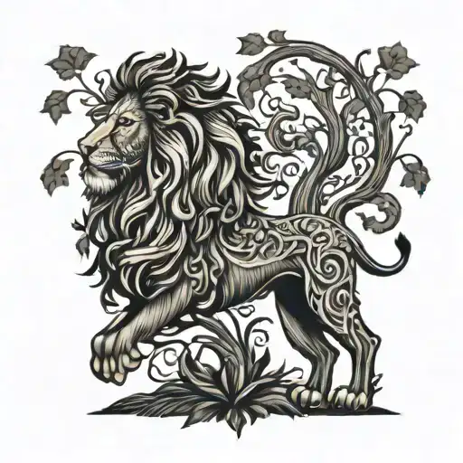 An intricate design of a lion and an oak tree symbolizing courage and growth, perfect for a coat of arms tattoo design idea