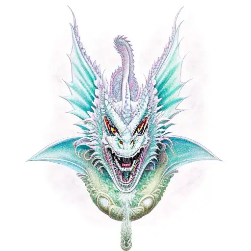 a dragon resembling Haku from Spirited Away with wings seen from the front, holding a lotus in his hands. tattoo design idea