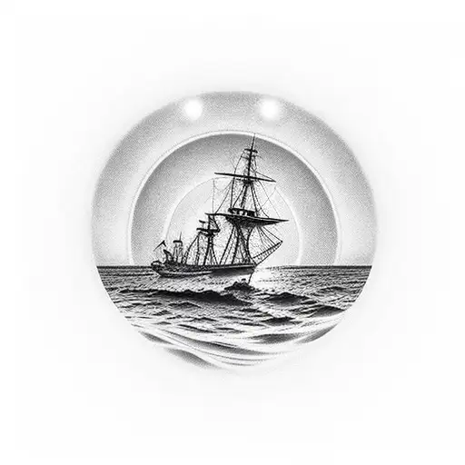 A mesmerizing sunset over a serene beach with a silhouette of a ship on the horizon tattoo design idea