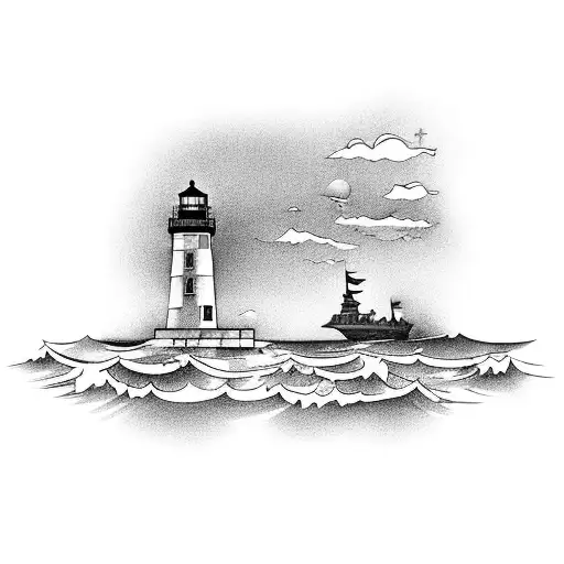 A serene seascape with palm trees, a lighthouse, and a ship sailing towards the horizon tattoo design idea