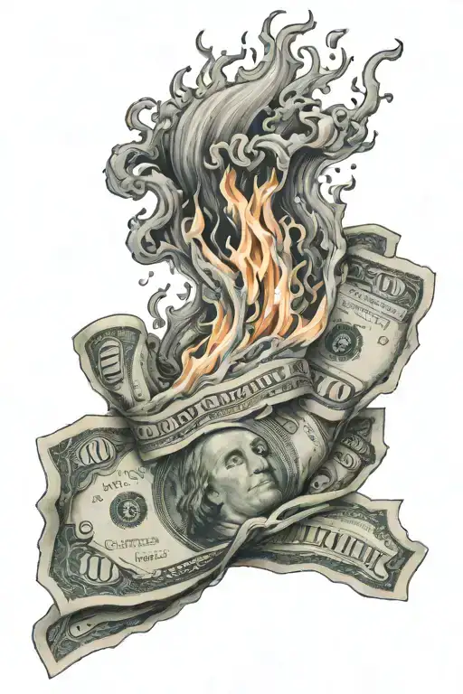 rolled 100 dollar on fire  tattoo design idea