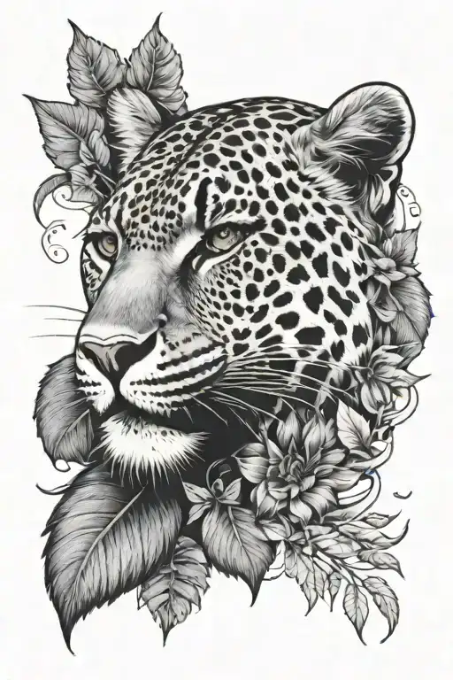 half leopard face with line in the middle leafs and a morning star sign tattoo design idea