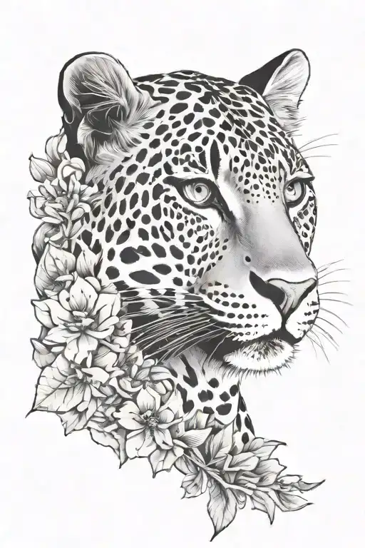 leopard half face with flowers and morning star sign tattoo design idea