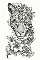 half leopard face flowers and a morning star sign intertwined tattoo design idea
