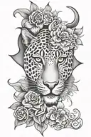 half leopard face flowers and a morning star sign intertwined tattoo design idea