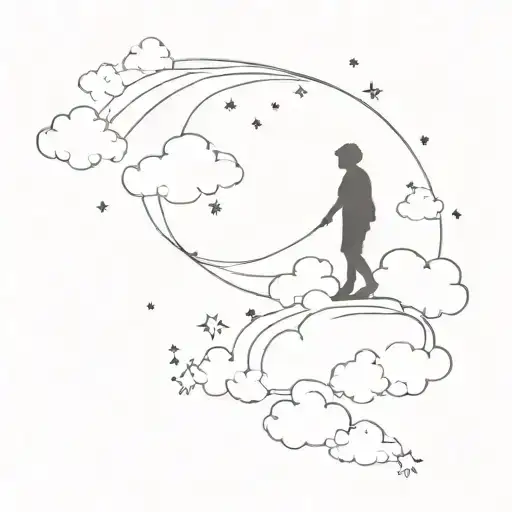 thin tattoo of a silhouette boy in heaven surrounded by clouds and tiny stars reaching down to his best friend on earth  tattoo design idea