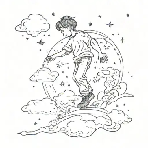thin tattoo of a silhouette boy in heaven surrounded by clouds and tiny stars reaching down to friend on earth tattoo design idea
