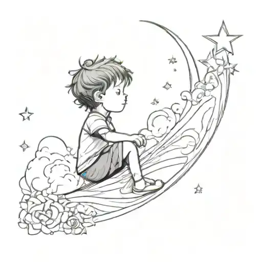 A thin tattoo where there is a moon, dark clouds and stars around it and above the moon is a silhouette of a little boy  tattoo design idea