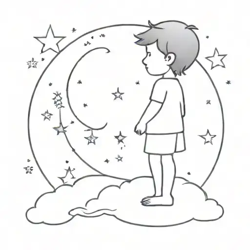 A thin tattoo where there is a moon with a cloud and stars around it and above the moon is a silhouette of a little boy  tattoo design idea