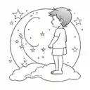 A thin tattoo where there is a moon with a cloud and stars around it and above the moon is a silhouette of a little boy  tattoo design idea