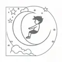 A thin tattoo where there is a moon with a cloud and stars around it and above the moon is a silhouette of a little boy  tattoo design idea