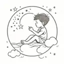 A thin tattoo where there is a moon with a cloud and stars around it and above the moon is a silhouette of a little boy  tattoo design idea