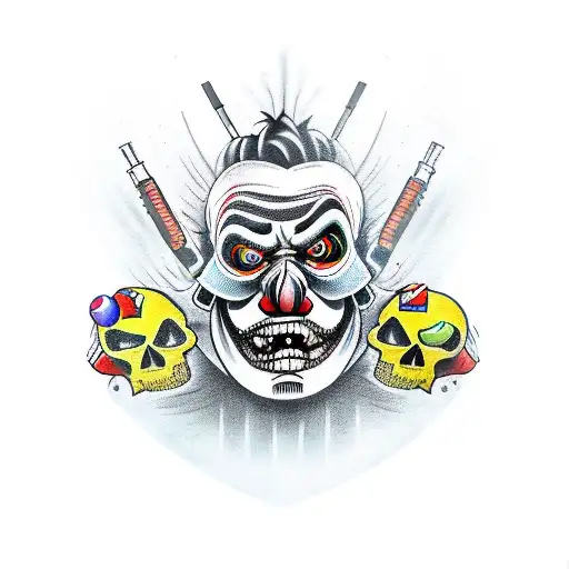 A new-school style tattoo of an evil death clown juggling guns and a skull tattoo design idea