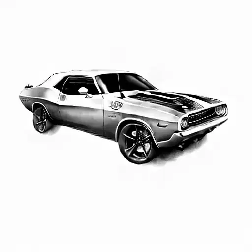 a white car, with smoke and dodge challenger  tattoo design idea