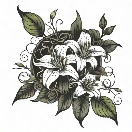 A vibrant bouquet of lilies and roses intertwined with quotes in Spanish and Swahili tattoo design idea