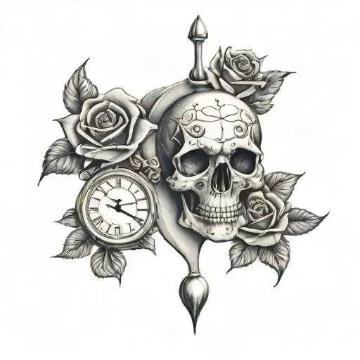 skull and Rose and sand clock tattoo design idea