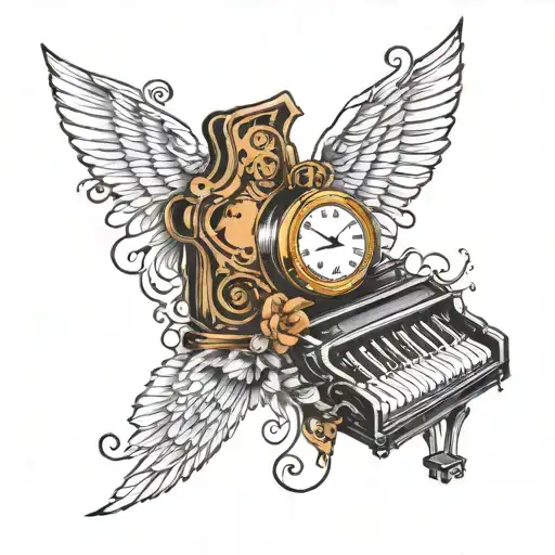 timepiece + piano keys tattoo design idea