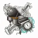 timepiece + piano keys tattoo design idea
