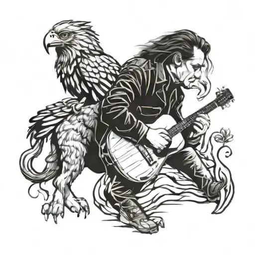 A portrait of Johnny Cash playing guitar with a lion and eagle standing beside him tattoo design idea