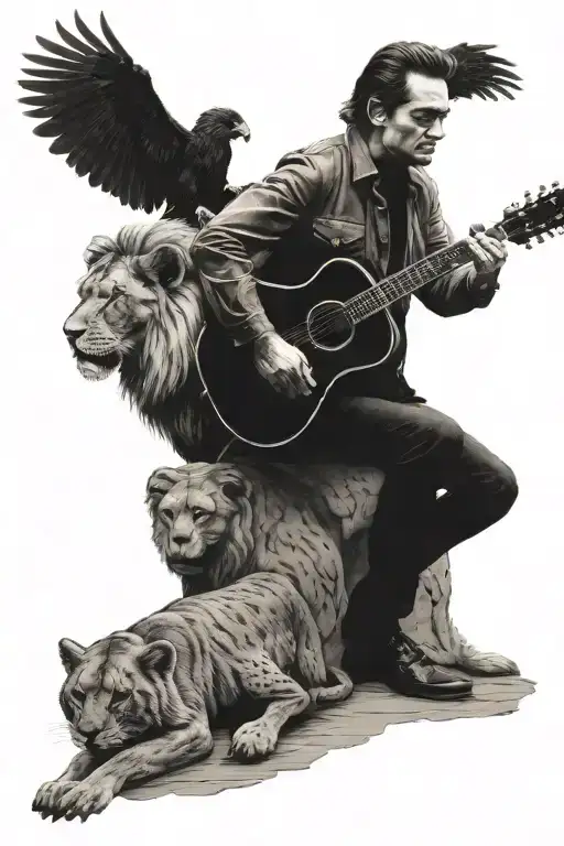 A portrait of Johnny Cash playing a guitar with a lion and eagle standing beside him tattoo design idea