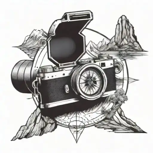 A camera lens morphing into a compass with mountain and sea landscapes inside, symbolizing the client's love for photography and traveling tattoo design idea