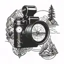 A camera lens morphing into a compass with mountain and sea landscapes inside, symbolizing the client's love for photography and traveling tattoo design idea