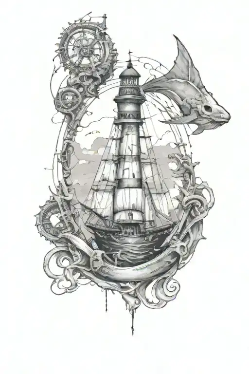 Lighthouse at top, whale in the middle, pirate ship below, anchor at the bottom. tattoo design idea