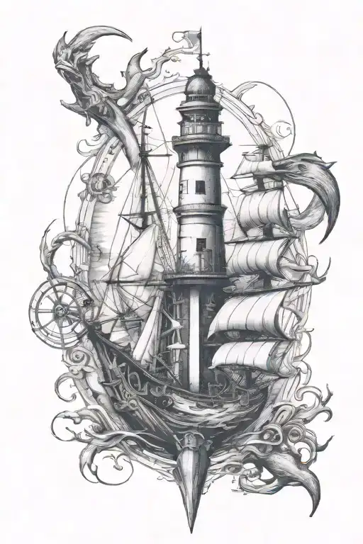 The lighthouse is at the top, the whale is in the middle, the pirate ship is at the bottom, and the anchor is at the bottom. tattoo design idea