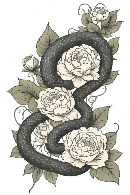 A scaly snake slithers through blooming peonies，Movements are natural. tattoo design idea