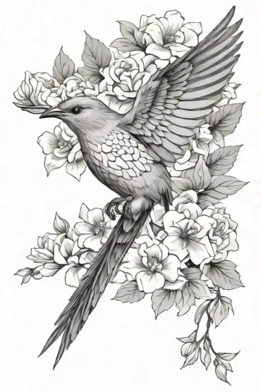 The cuckoo bird spreads its wings sideways among the flowers, its wings stretched and its posture graceful. tattoo design idea