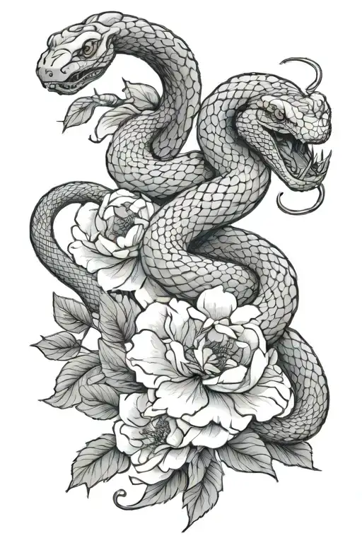 A scaly snake slithers through blooming peonies，Movements are natural. tattoo design idea