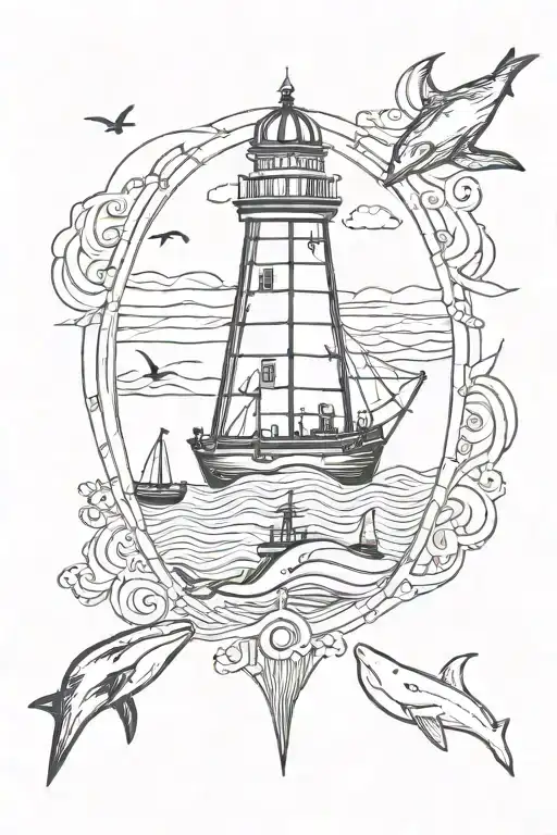 Lighthouse at top, whale in the middle, pirate ship below, anchor at the bottom. tattoo design idea